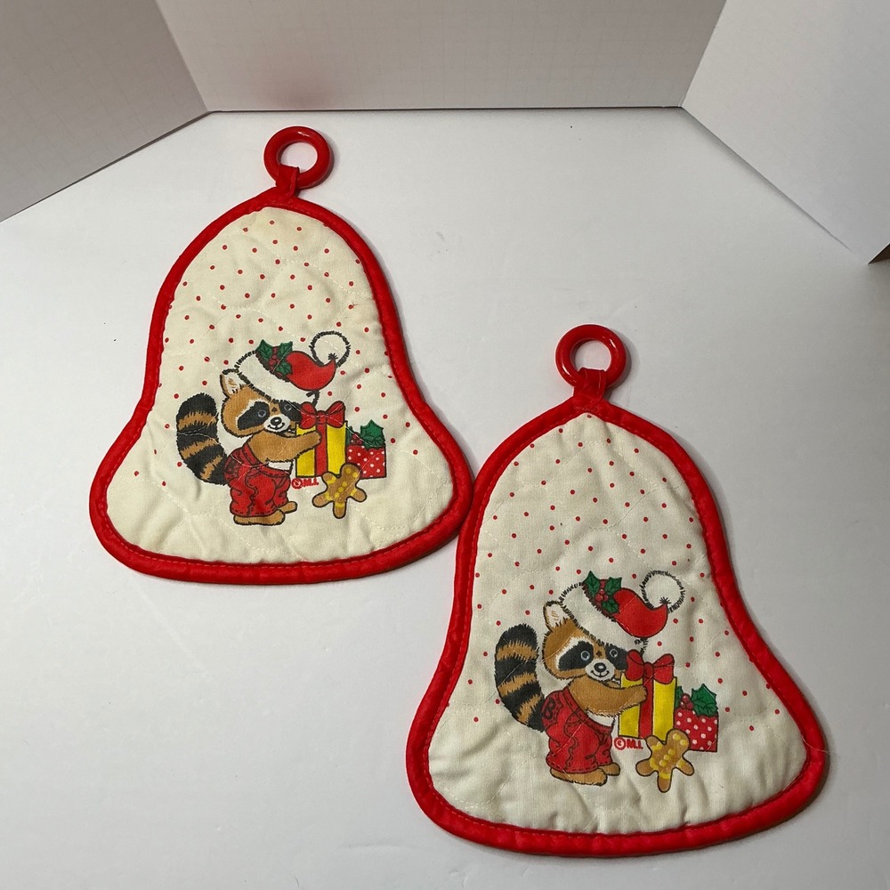 Vintage Christmas Raccoon Bell Oven Mitts Potholders Hot‎ Pads Quilted Red